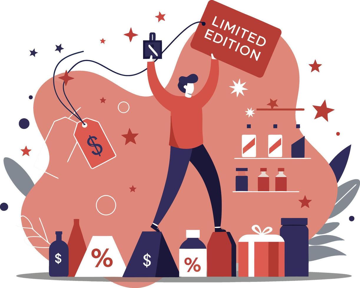 Person celebrating limited edition sale with discount tags and gift boxes in modern flat style illustration vector