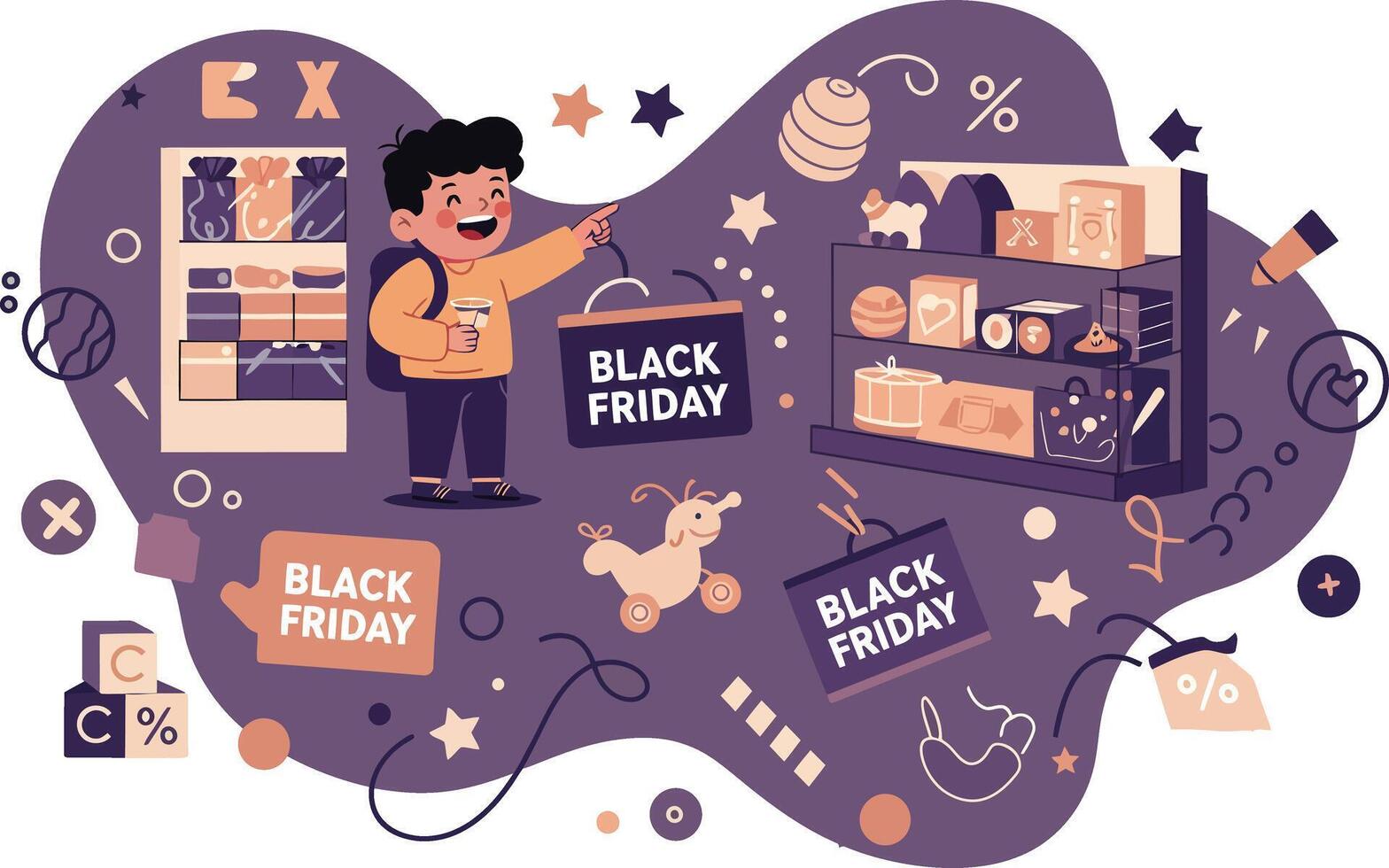 Black Friday shopping concept with happy shopper and discount signs in purple theme illustration vector