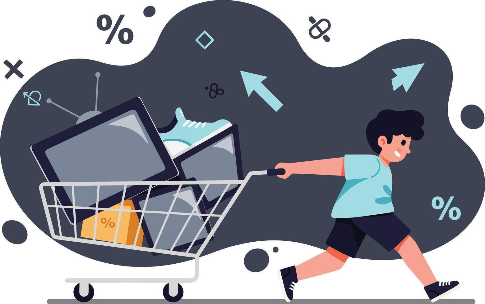 Child pushing shopping cart with digital devices and percentage signs in modern illustration style vector