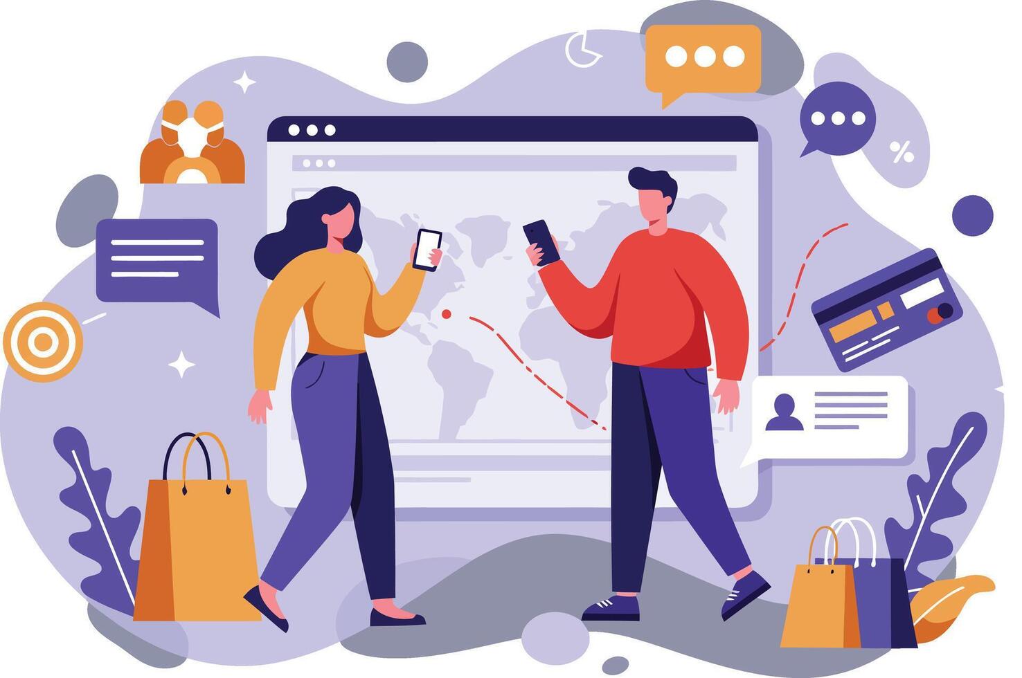 Online shopping interaction with customers using mobile payment and chat communication illustration vector