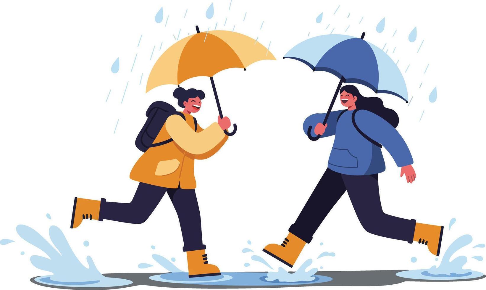 People holding colorful umbrellas running through rain puddles in rainy weather illustration vector