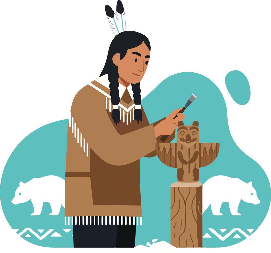 Native American artisan carving wood sculpture with traditional attire and wildlife background illustration vector