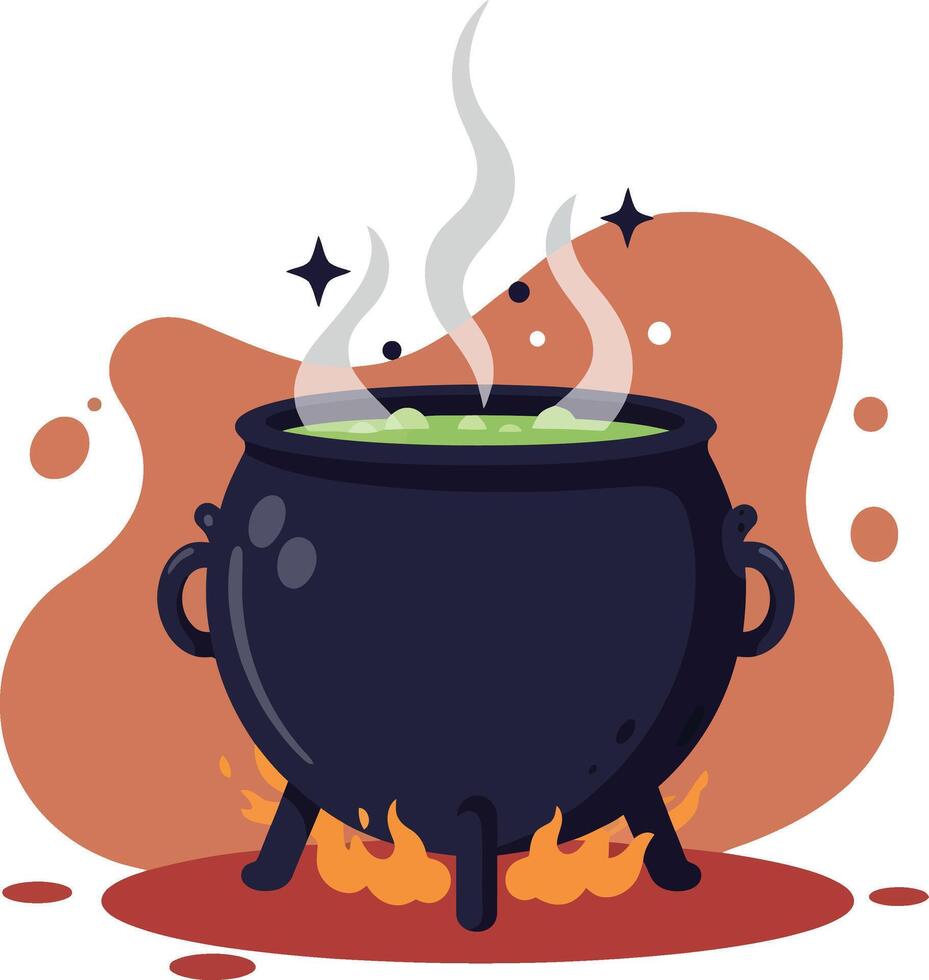 Witchs black cauldron boiling green potion with fire and steam spooky illustration vector