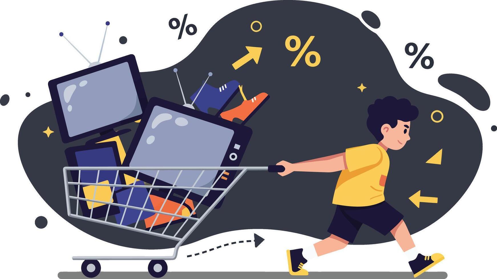 Child pushing shopping cart with electronic devices and percent signs in business concept illustration vector