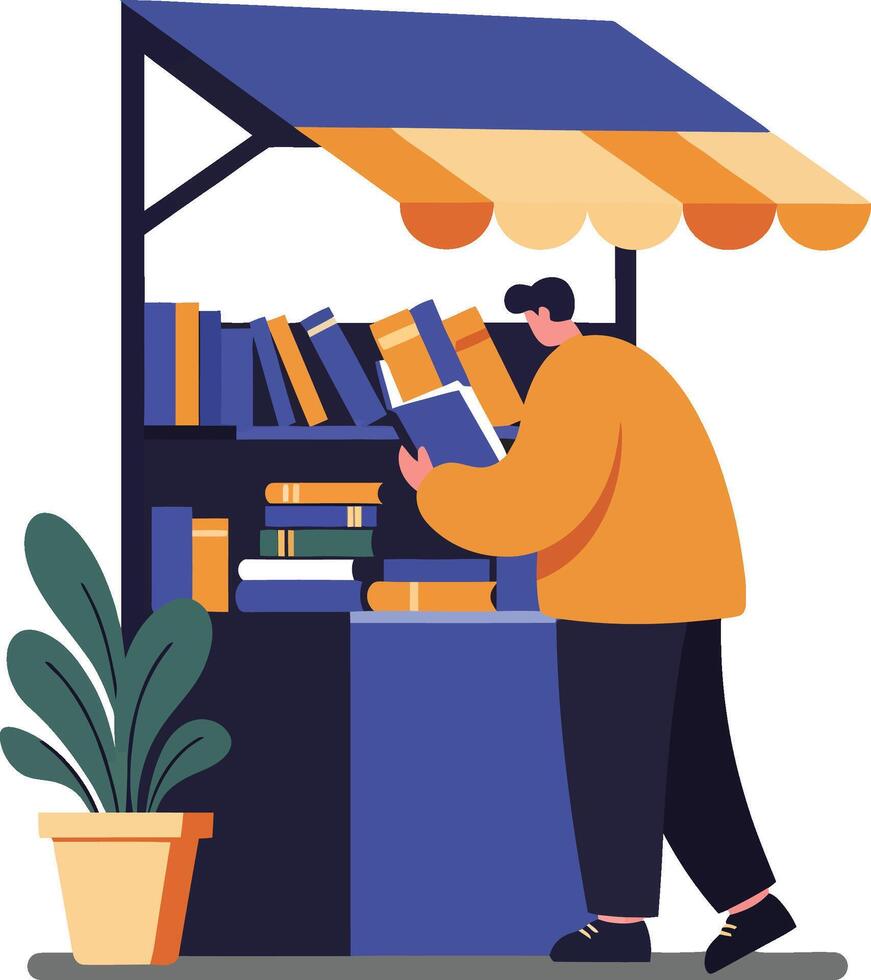 Person reading books at market stall with orange and blue canopy in lifestyle scene illustration vector