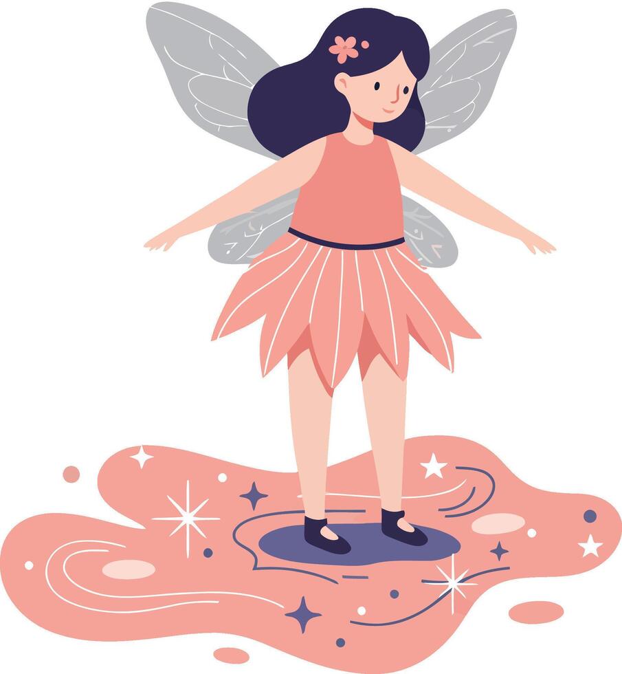 Small magical fairy girl with pink dress and delicate wings standing on glowing sparkling ground illustration vector