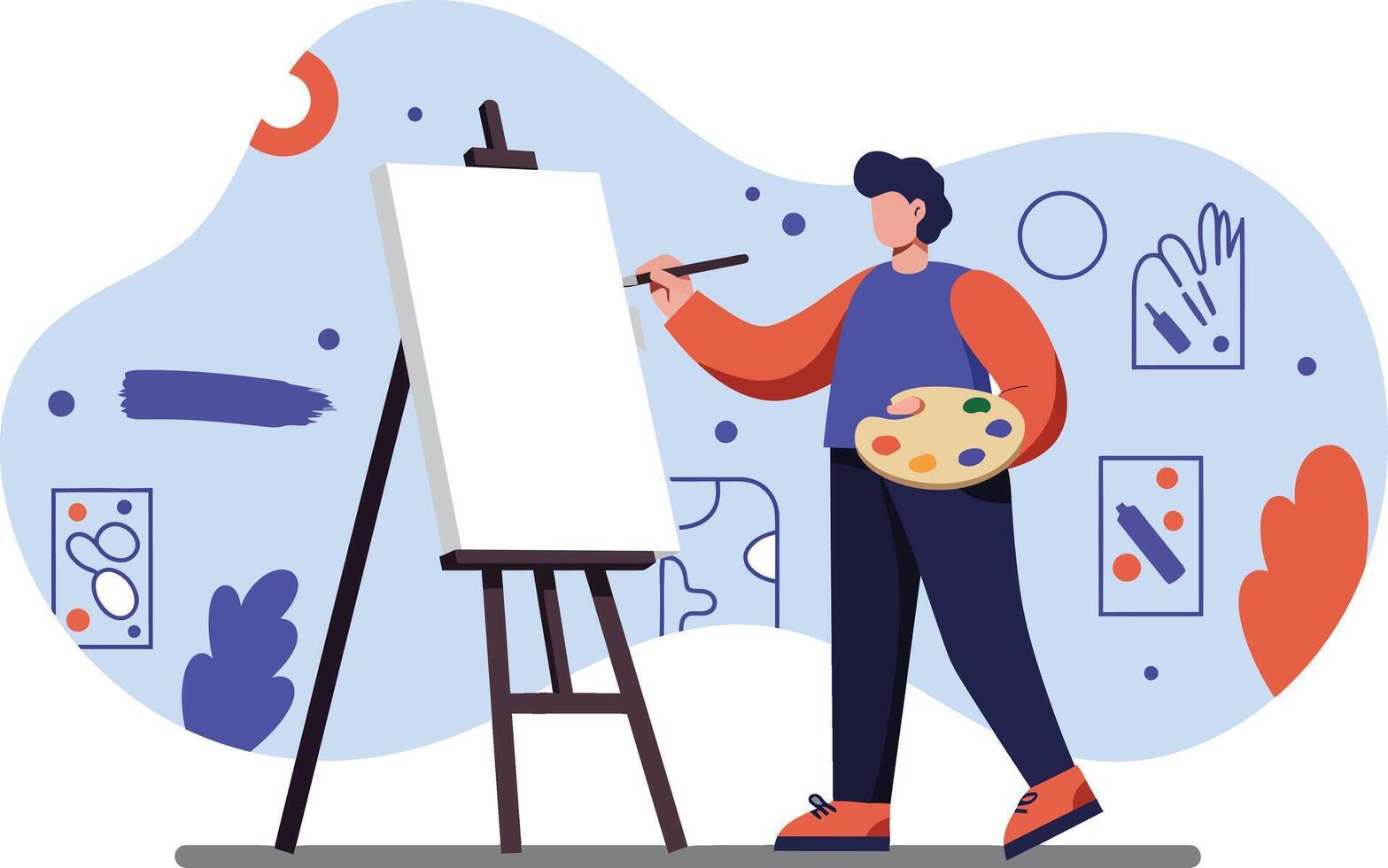 Artist painting on canvas with palette and brush creative hobby illustration in modern style vector