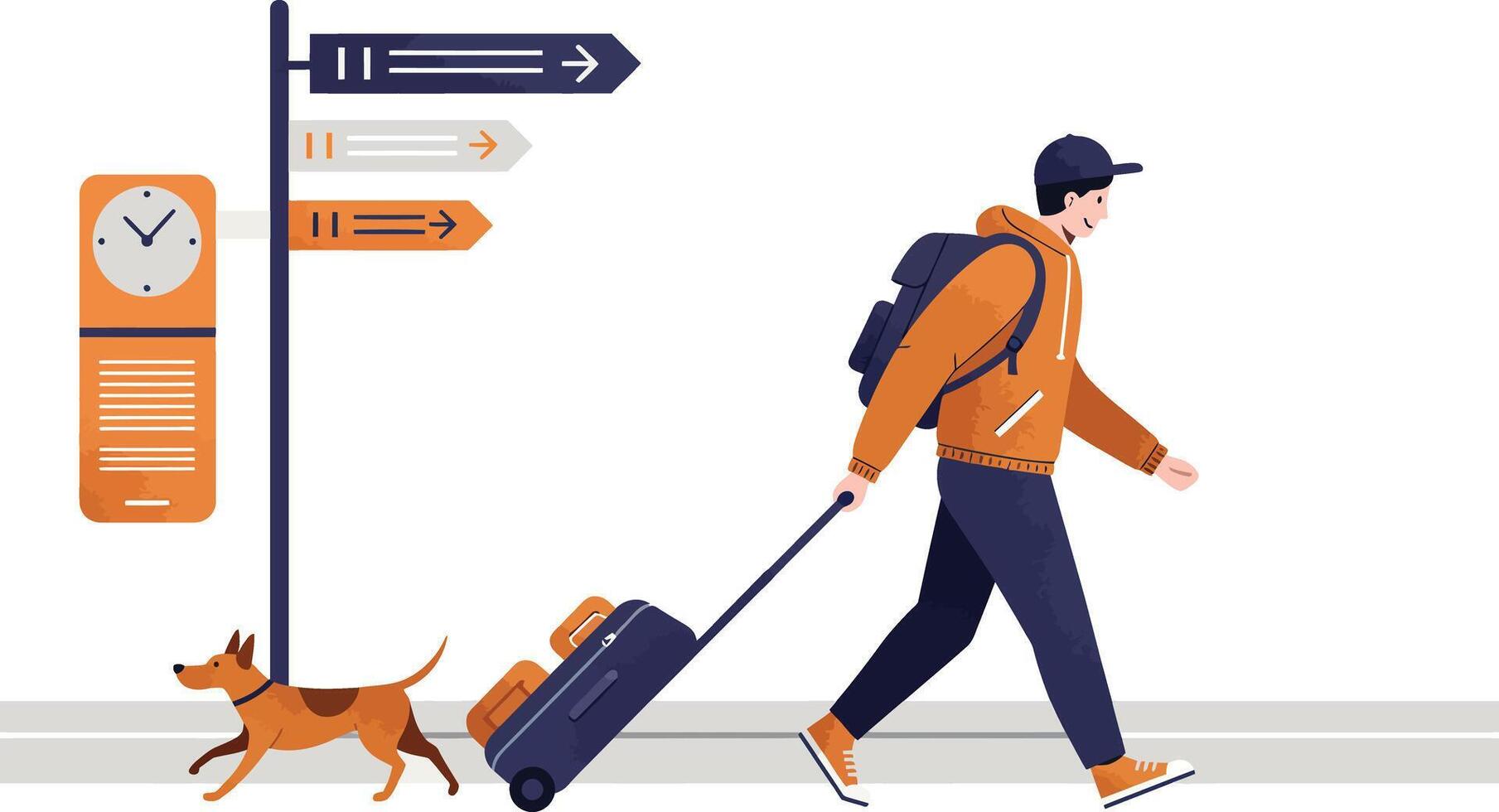 Man walking with suitcase and dog near signpost and clock in urban setting travel concept illustration vector
