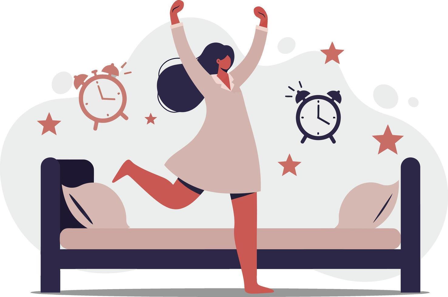 Woman waking up happily stretching arms in bedroom with bed and clocks in morning routine illustration vector