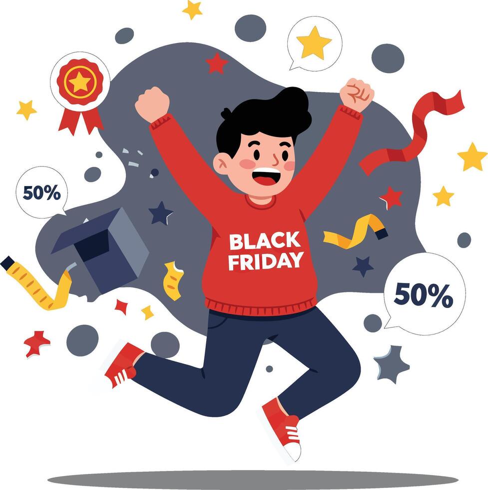 Excited young man jumping celebrating Black Friday sale discounts with confetti and stars illustration vector