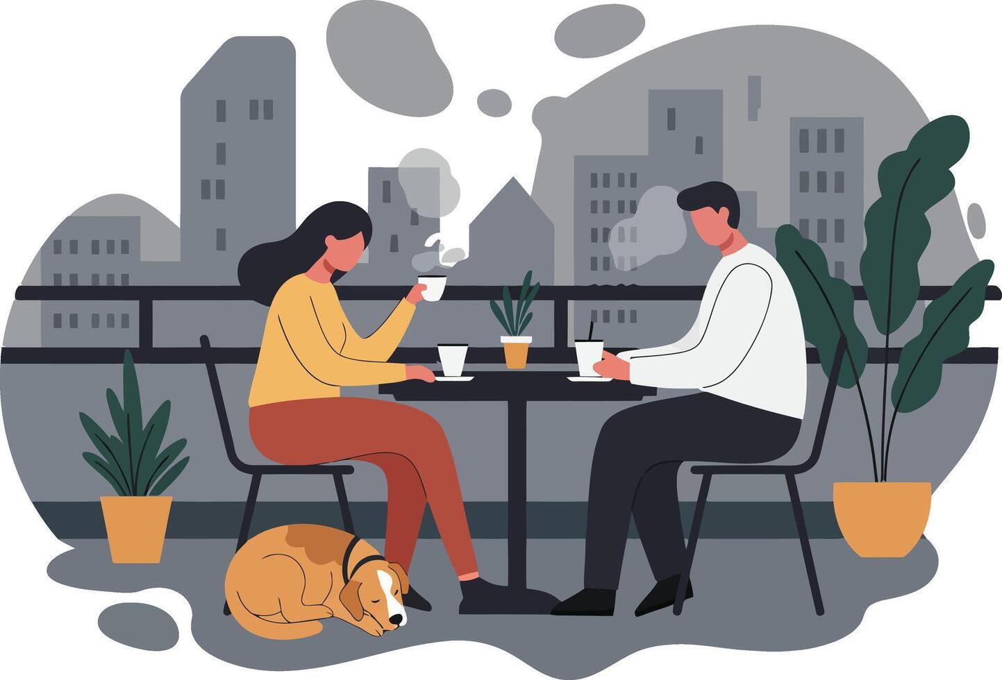 Couple enjoying coffee break on balcony with cityscape background and sleeping dog illustration vector