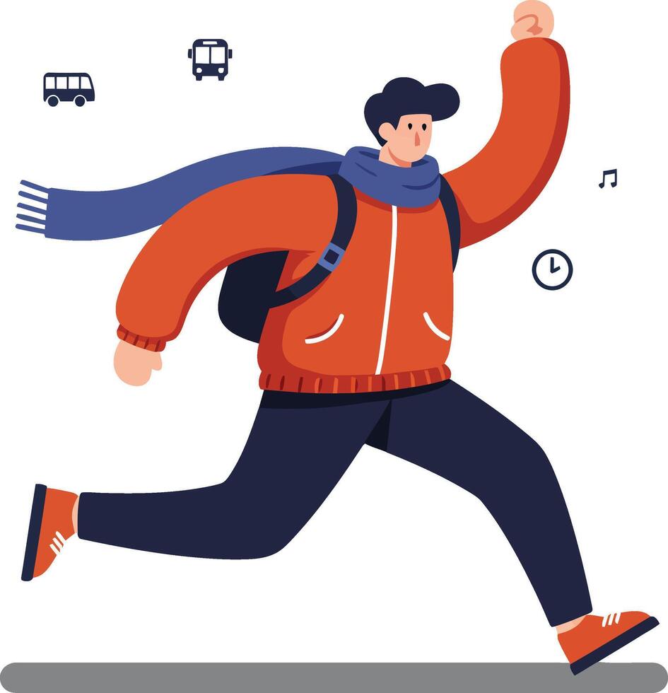 Man running with scarf and jacket in cold weather urban environment illustration vector