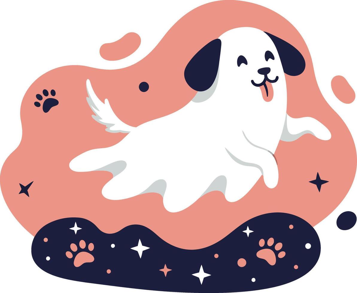 Cute playful white puppy dog with black ears and paw prints illustration in cartoon style vector