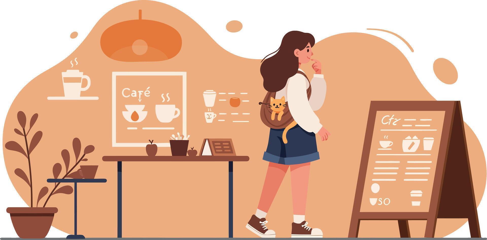 Girl ordering coffee at cafe counter with menu board and plants in warm brown tones illustration vector