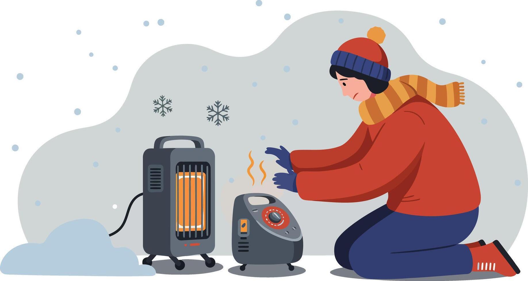 Person warming hands near heater in snowy cold winter scene illustration vector