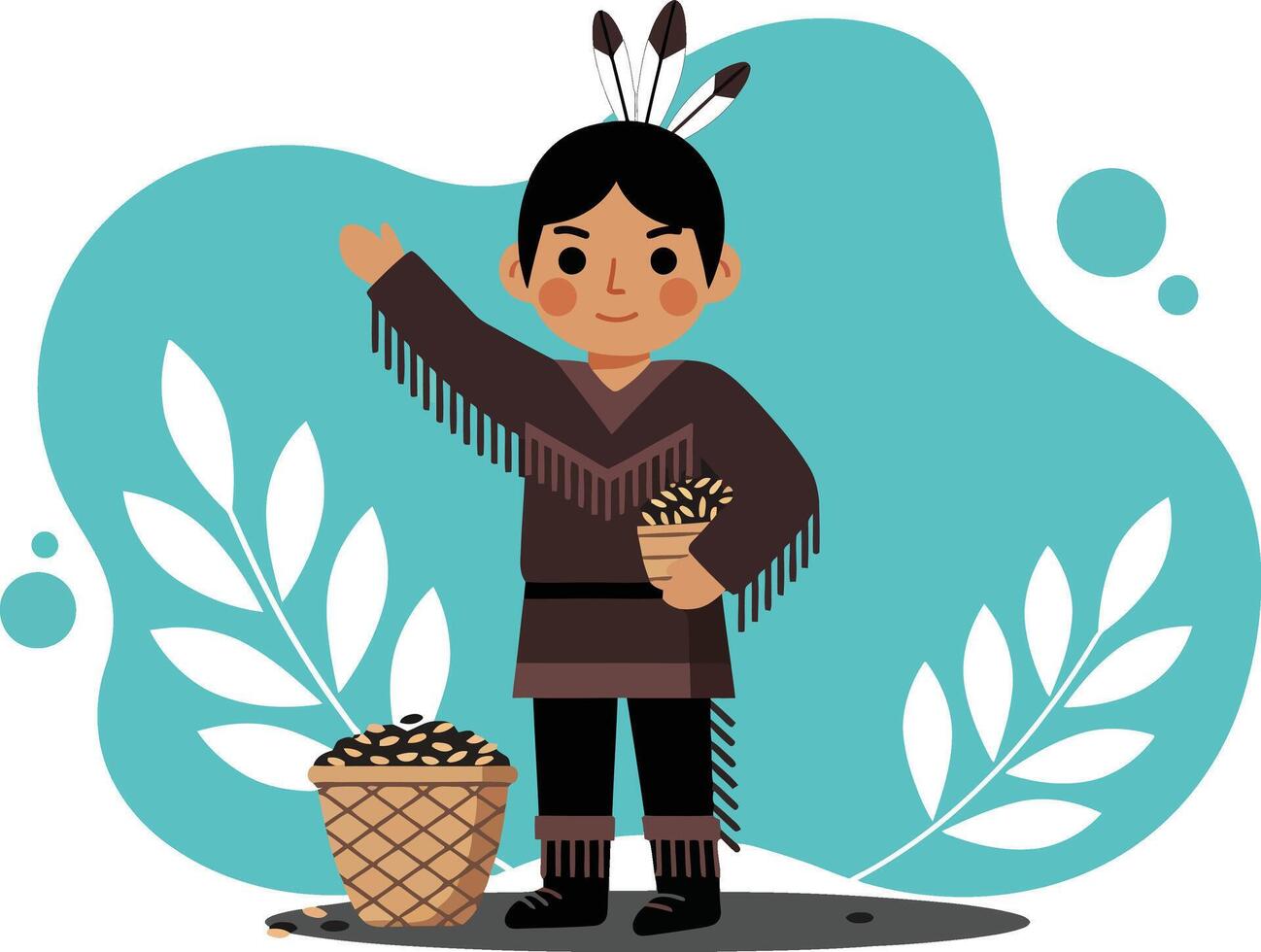 Native American Boy Wearing Traditional Clothing Holding Baskets in Blue Background Illustration vector