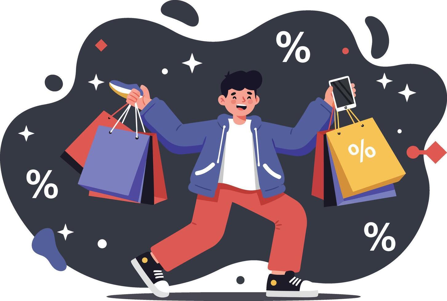 Young man shopping with smartphone and discount bags enjoying sale shopping spree illustration vector