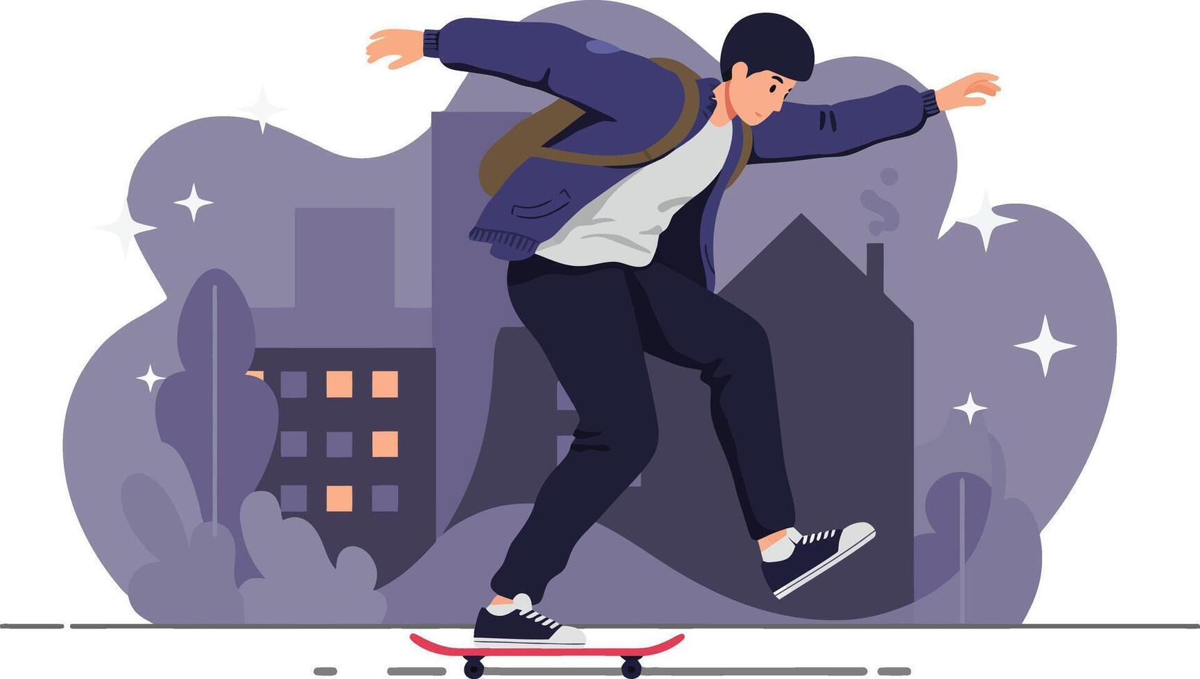 Young man skateboarding in urban cityscape at night with casual clothing and backpack illustration vector