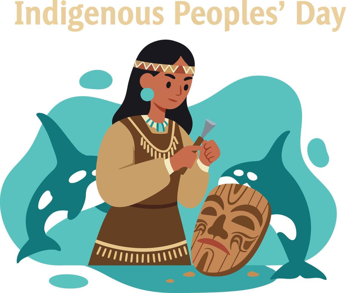Indigenous woman with traditional dress and mask celebrating Indigenous Peoples Day illustration vector
