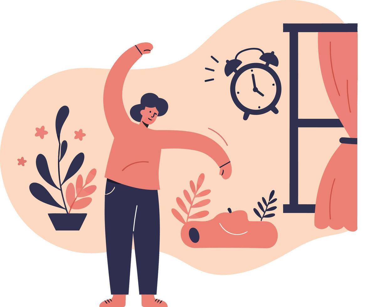 Person stretching in the morning after waking up near window with alarm clock and plants illustration vector