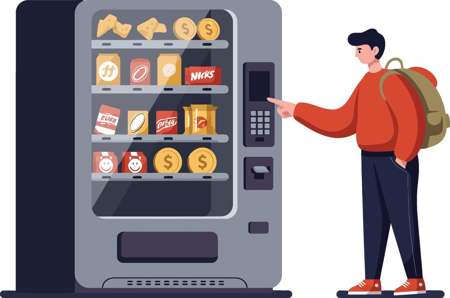 Young man using snack vending machine with backpack casual clothing illustration vector