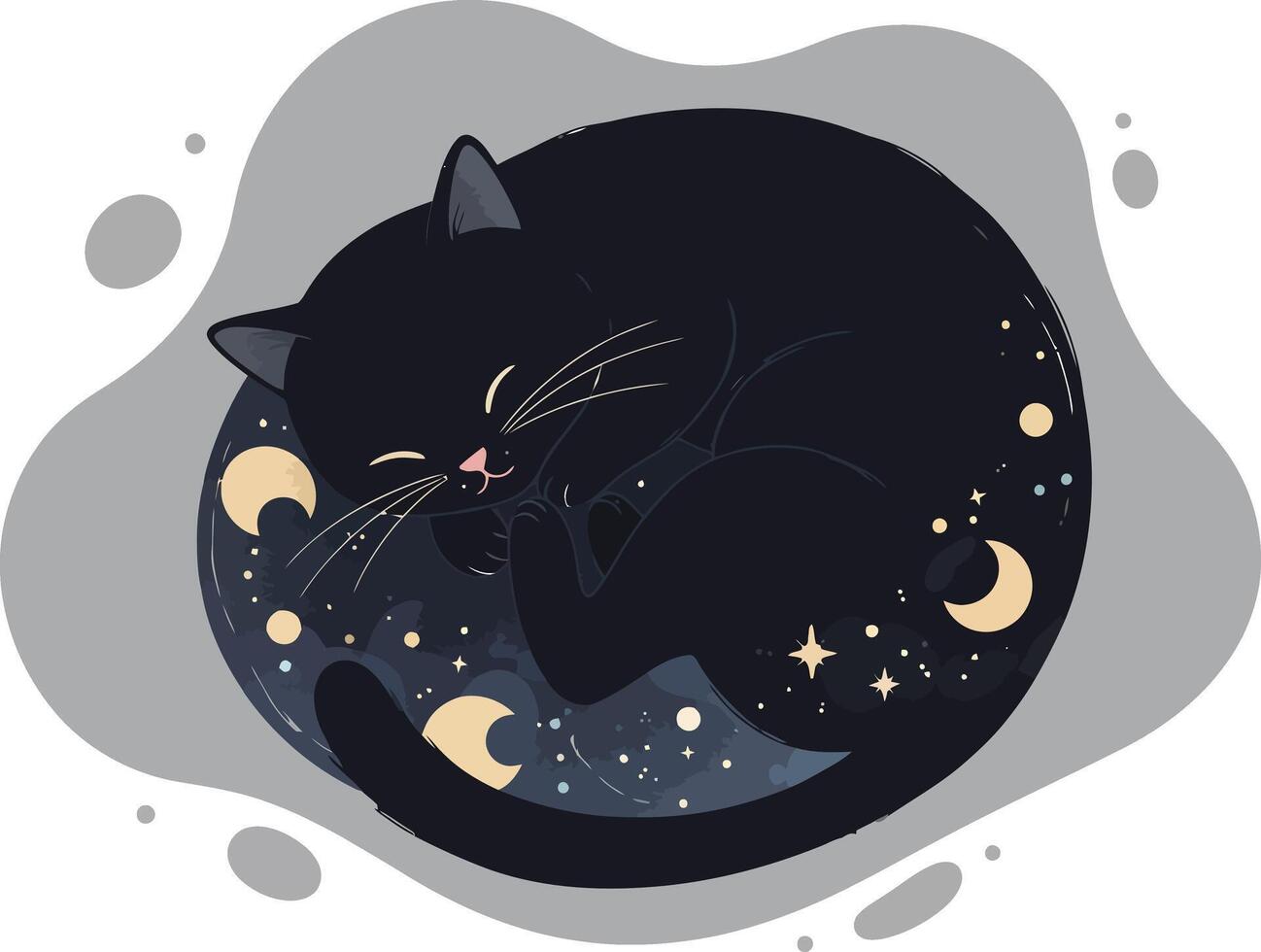 Black cat sleeping curled up with starry night sky and crescent moons dreamy illustration vector