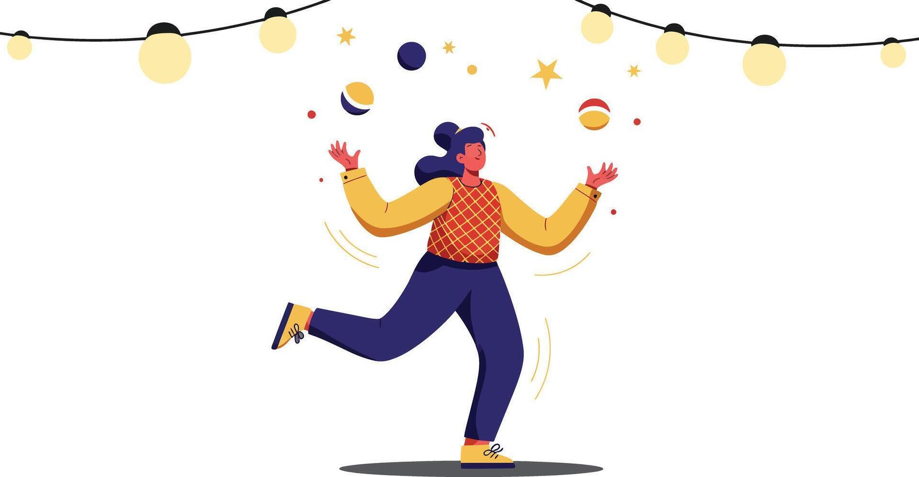 Woman juggling balls under string lights in festive scene with vibrant colours and dynamic pose vector