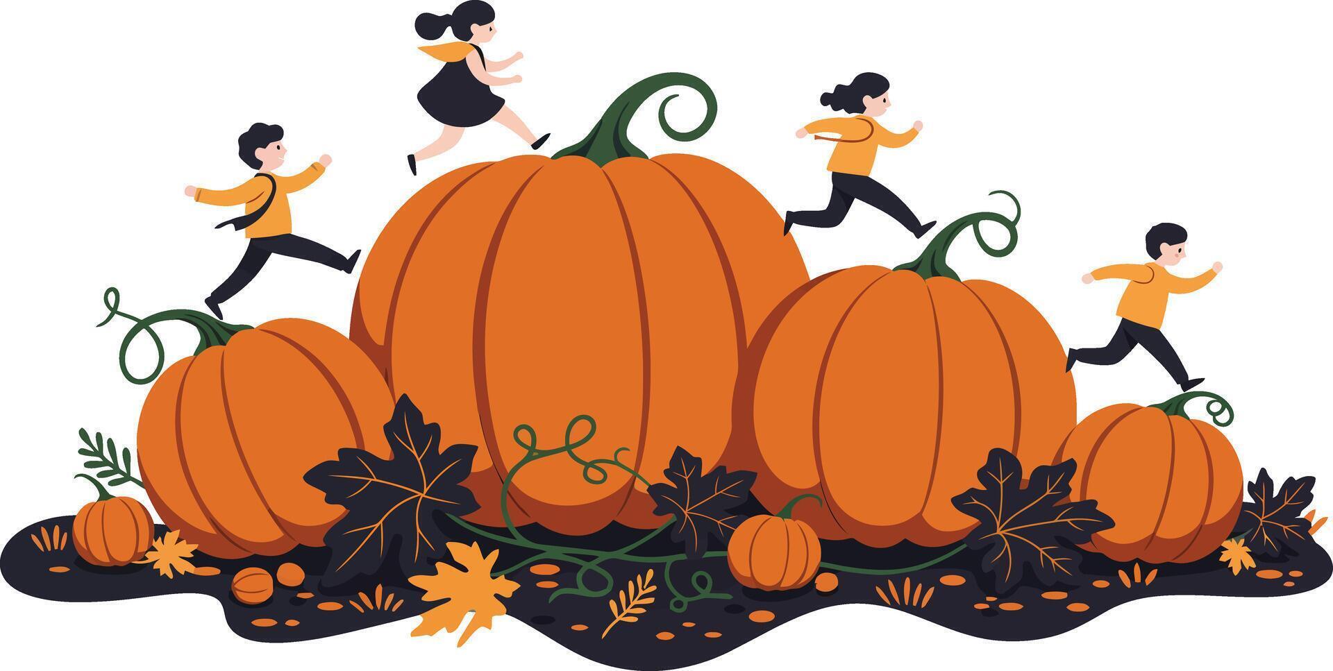 Children running and playing around large orange pumpkins with autumn leaves and vines in fall garden scene illustration vector