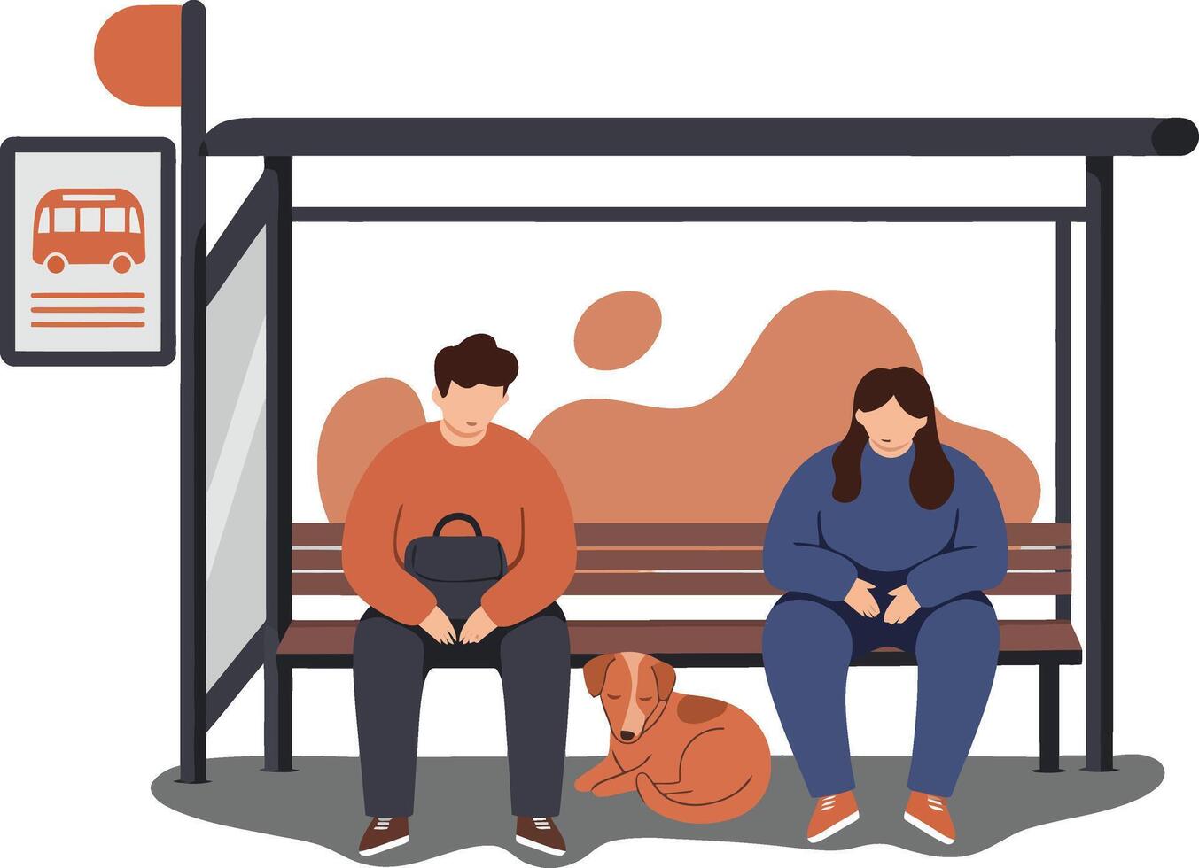 Young man and woman sitting at bus stop with dog waiting for public transport illustration vector