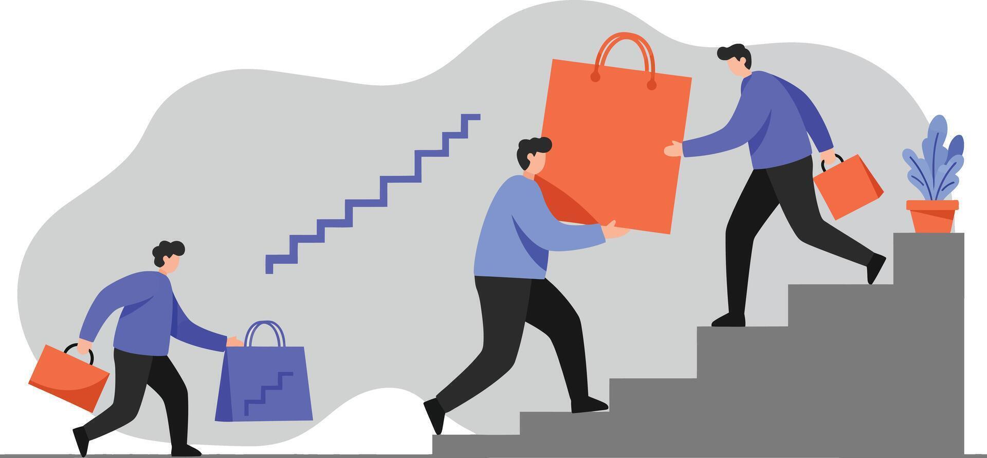 People carrying shopping bags climbing stairs in a modern flat style illustration vector