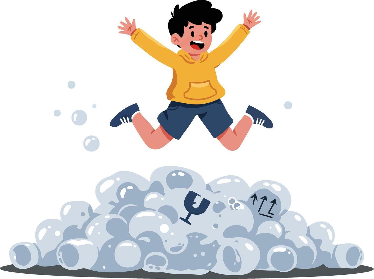 Happy child jumping on pile of white soap bubbles playful fun illustration vector