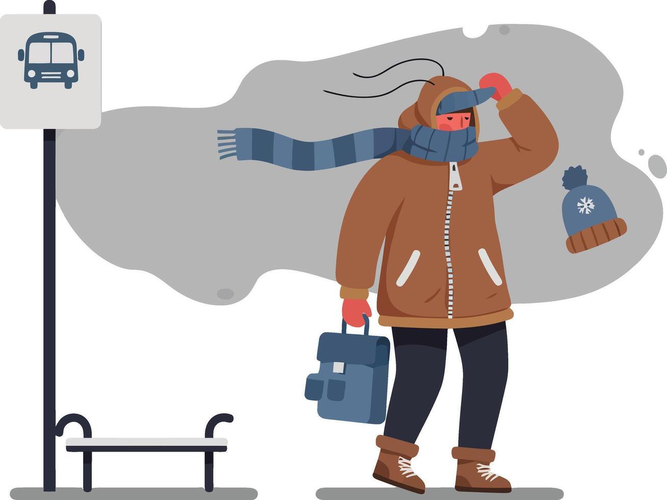 Man waiting at bus stop wearing warm winter clothes holding briefcase and hat illustration vector