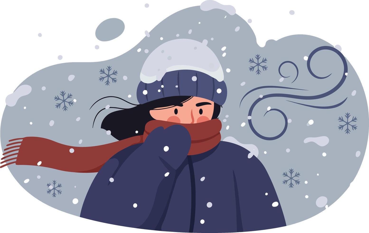 Woman Wearing Winter Clothes and Scarf in Cold Snowy Weather with Windy Effects Illustration vector