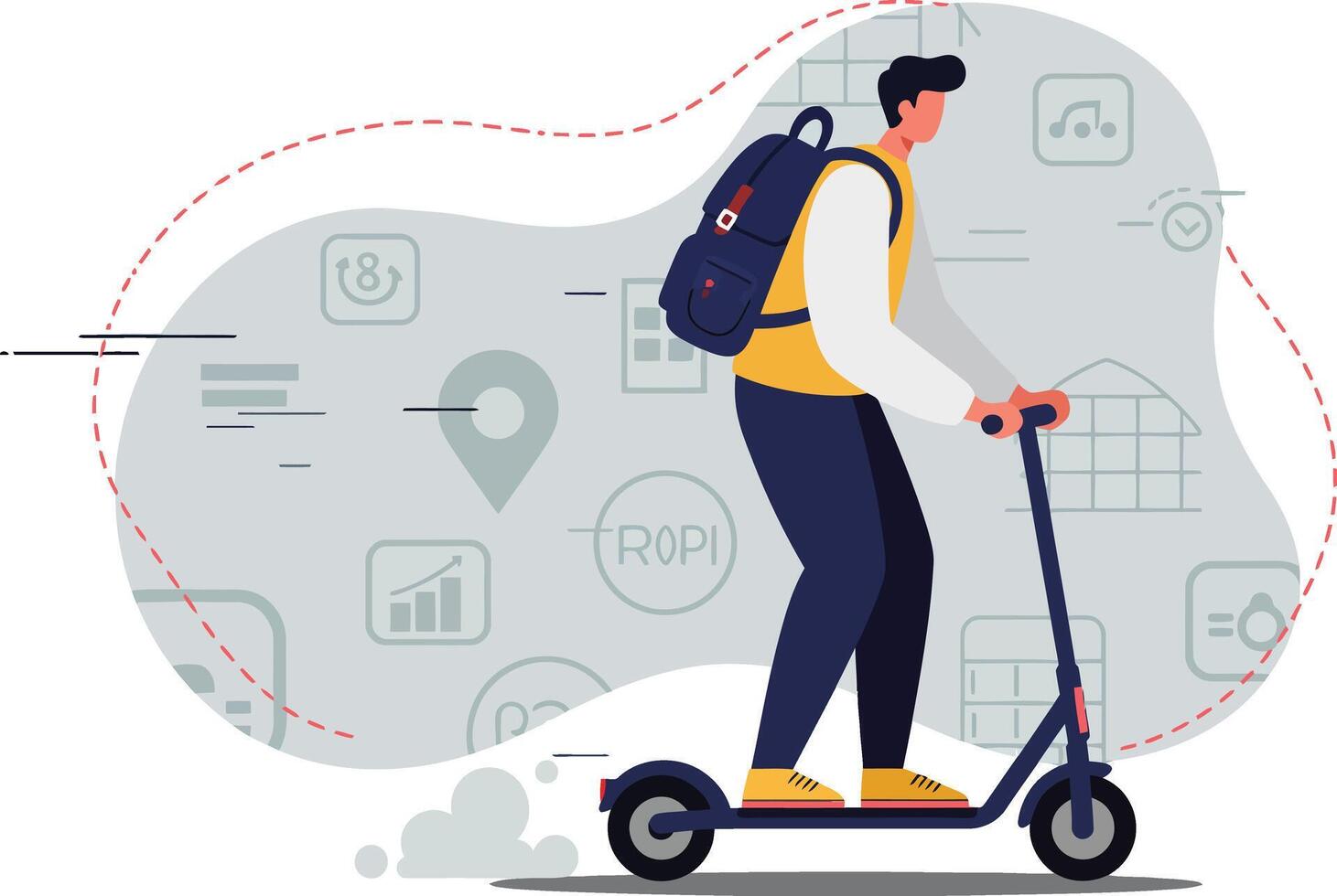 Young man riding electric scooter with backpack and casual clothing in urban technology environment illustration vector