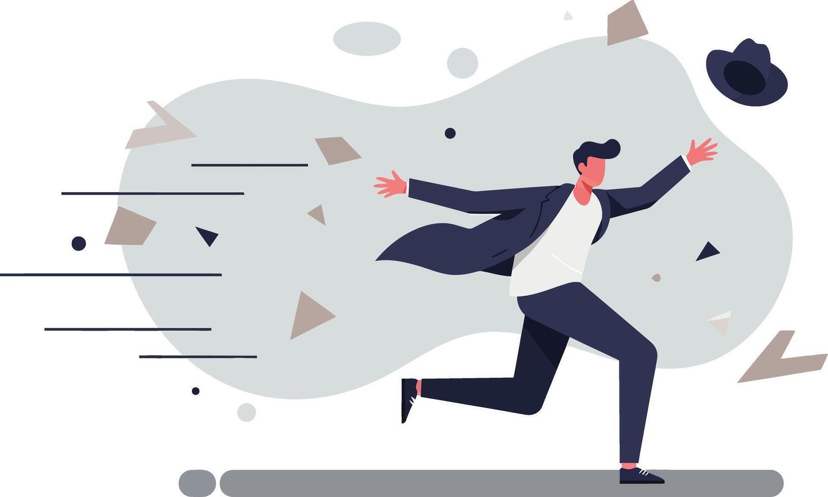 Businessman running in wind with hat flying off in dynamic professional illustration vector