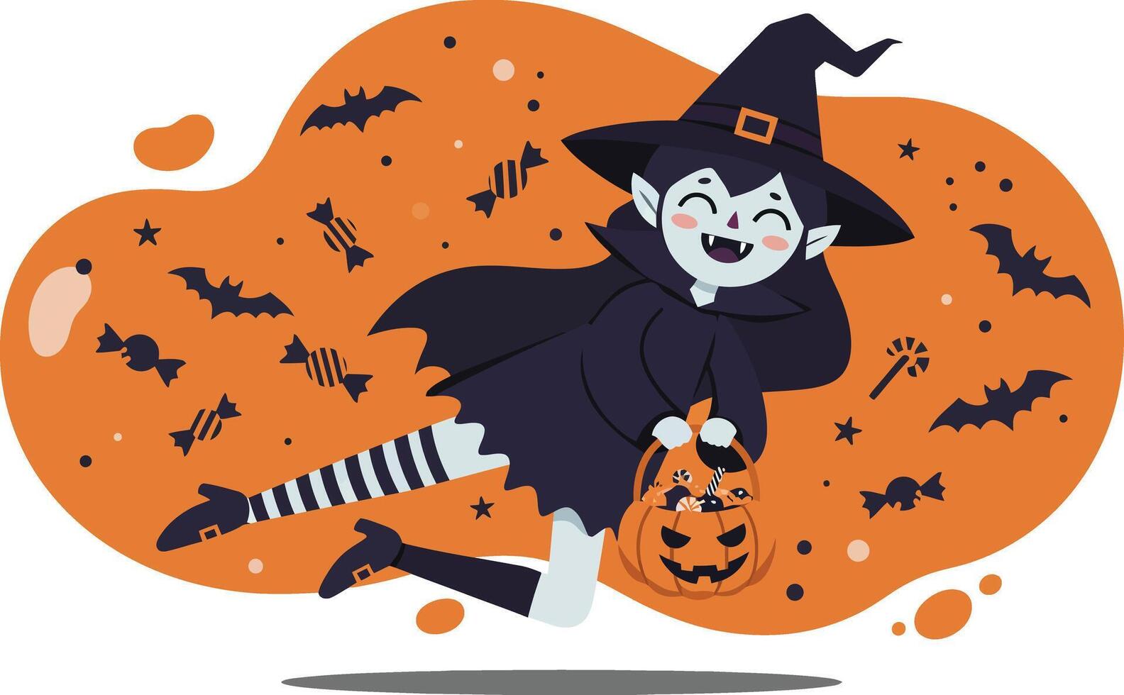 Halloween witch girl with pumpkin basket flying among bats in orange background illustration vector
