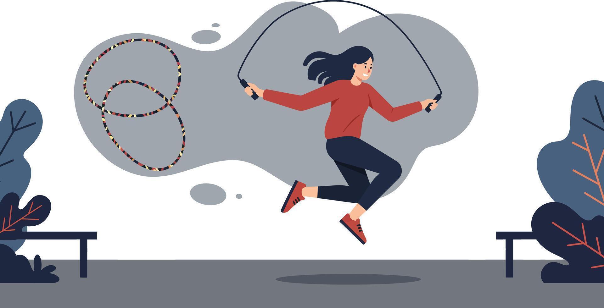 Woman Enjoying Outdoor Exercise with Jump Rope in Modern Minimalist Park Scene Illustration vector