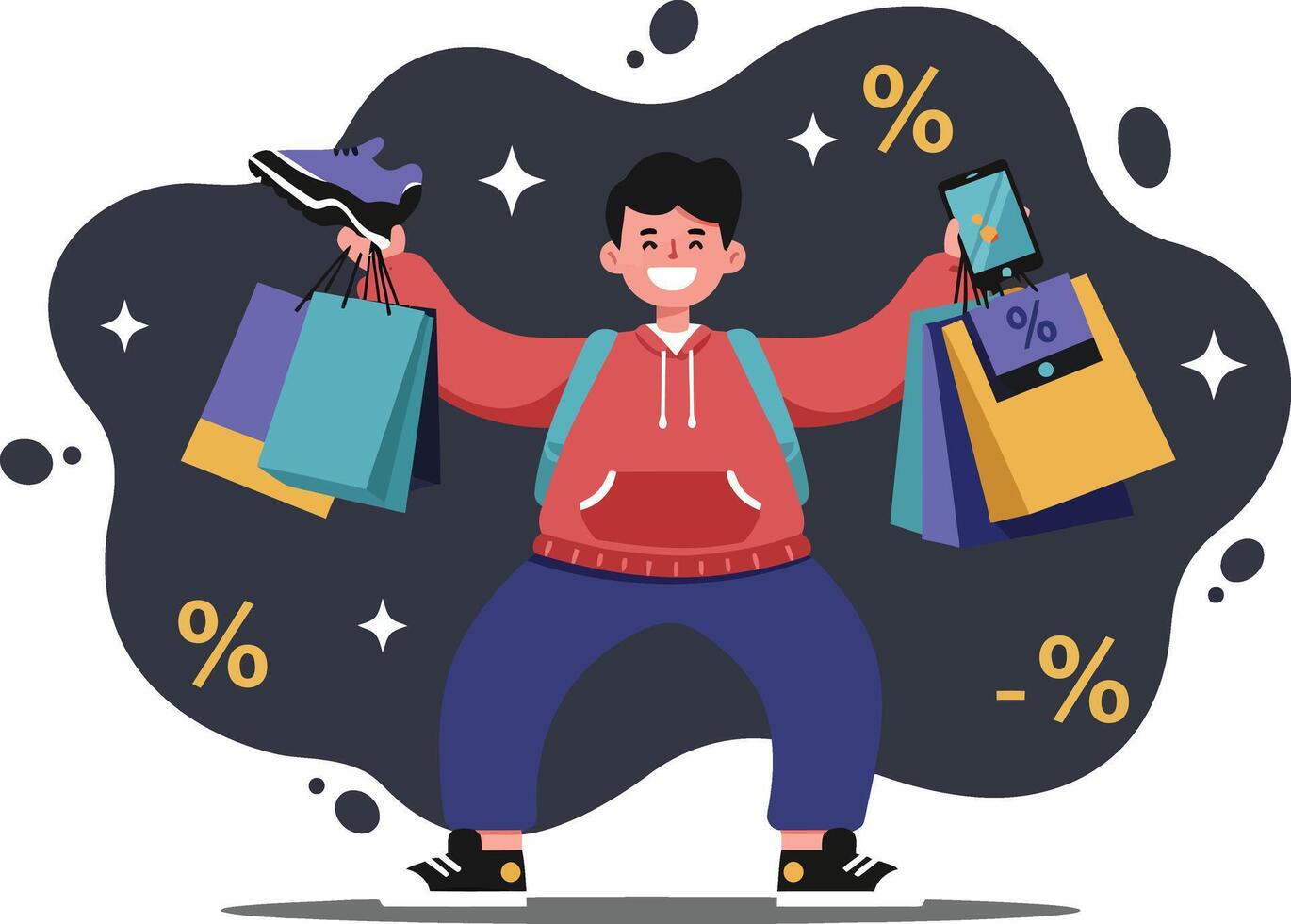 Happy man shopping with multiple bags and discount symbols in cheerful shopping spree illustration vector