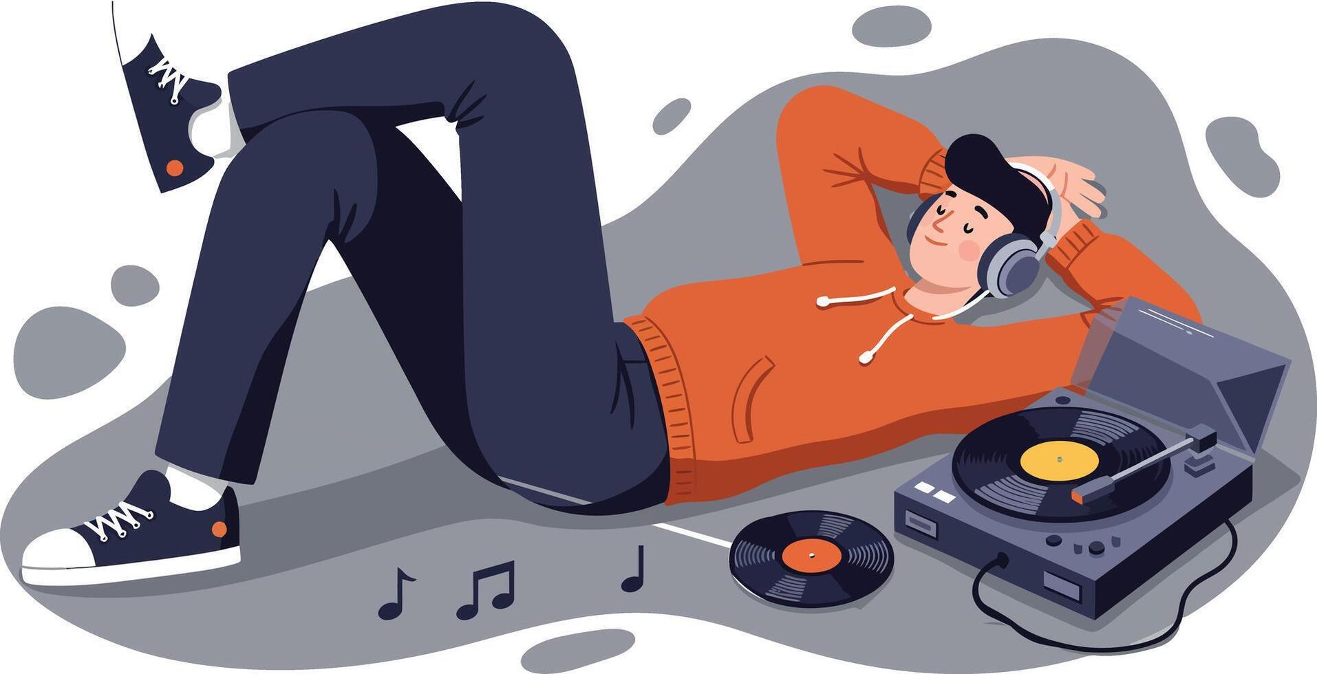 Young man relaxing lying down listening to vinyl records on turntable music hobby illustration vector