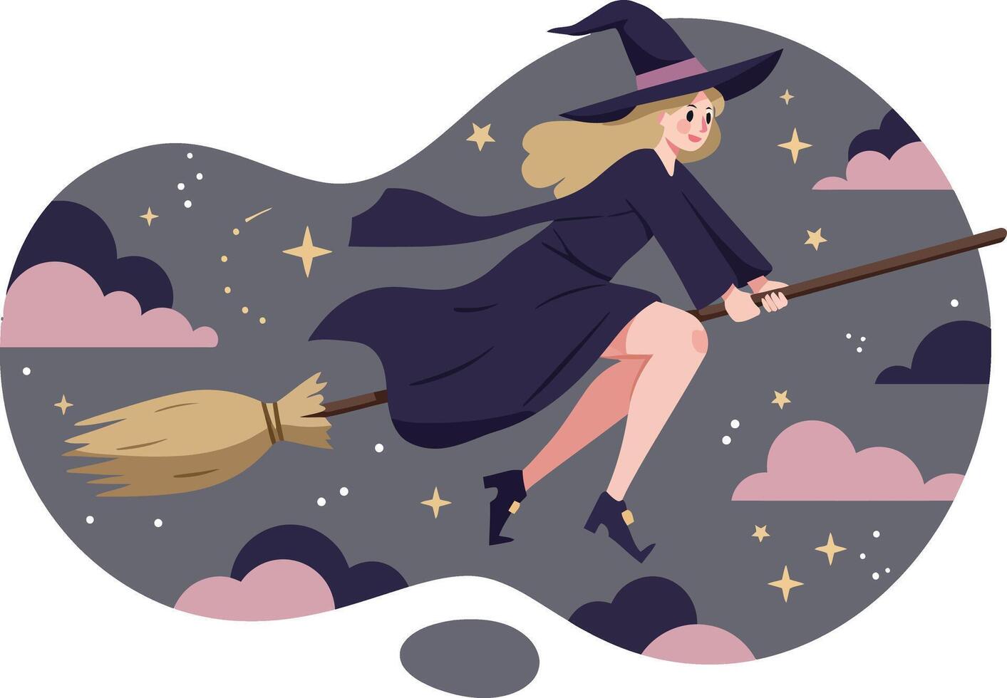 Witch Flying on Broomstick Wearing Classic Hat and Cloak in Night Sky Illustration vector