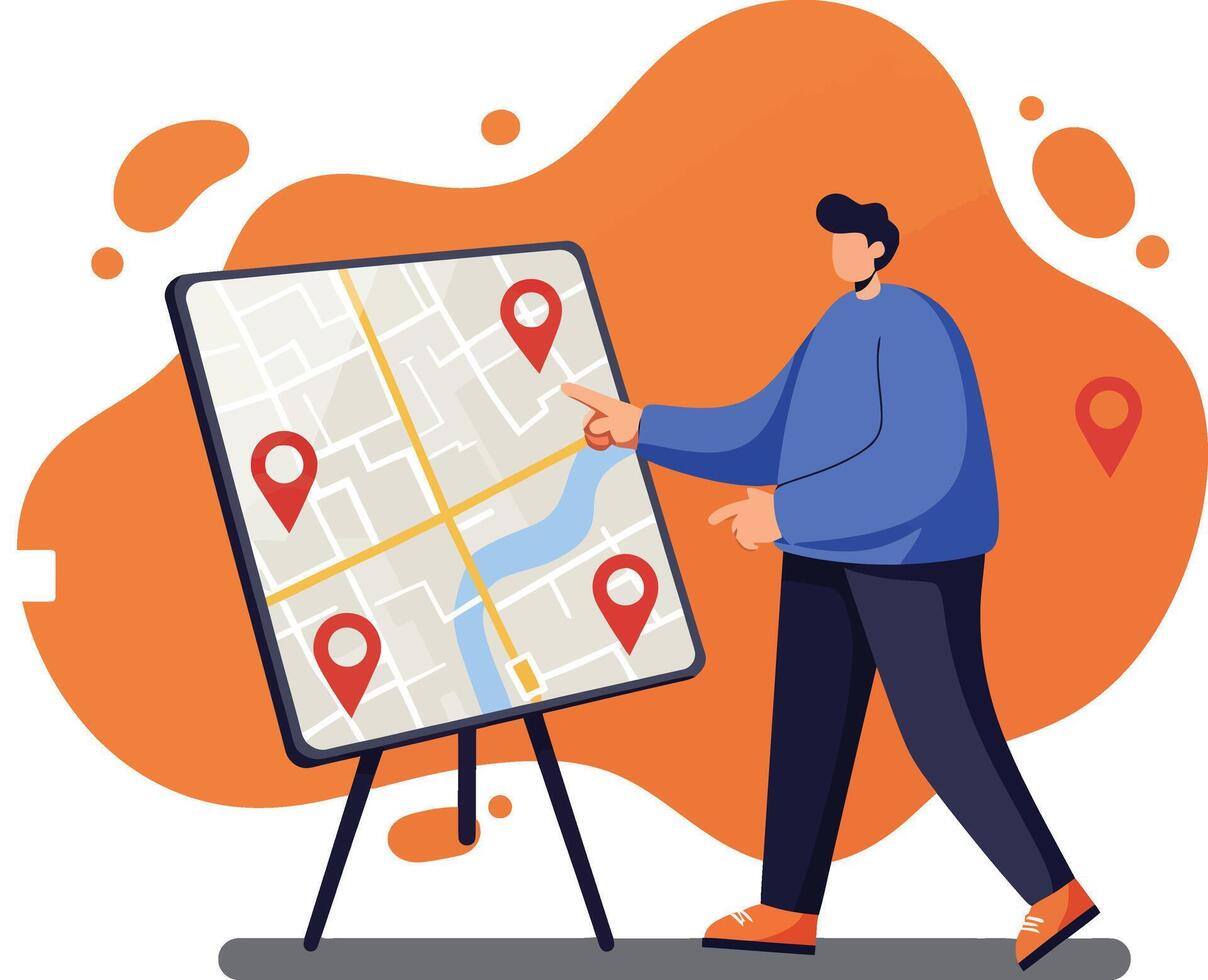 Man pointing at map with location pins on stand for navigation and travel planning illustration vector