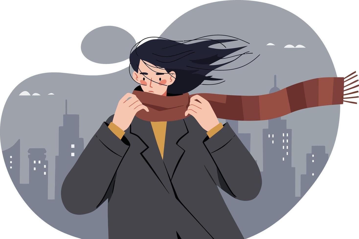 Woman wearing scarf in windy weather with city skyline background illustration vector