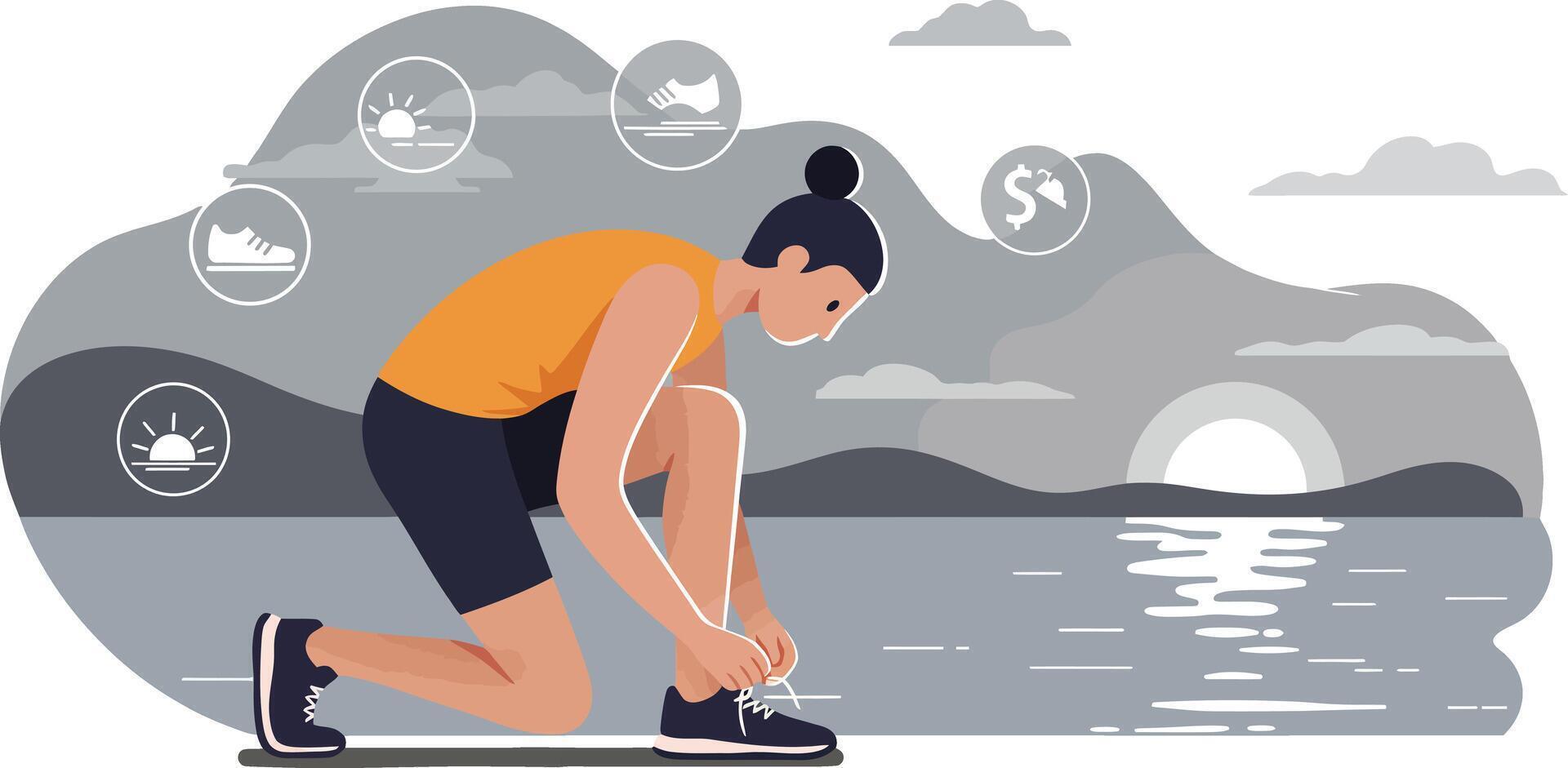 Woman preparing for morning run by the lake with fitness icons in calm sunrise environment vector