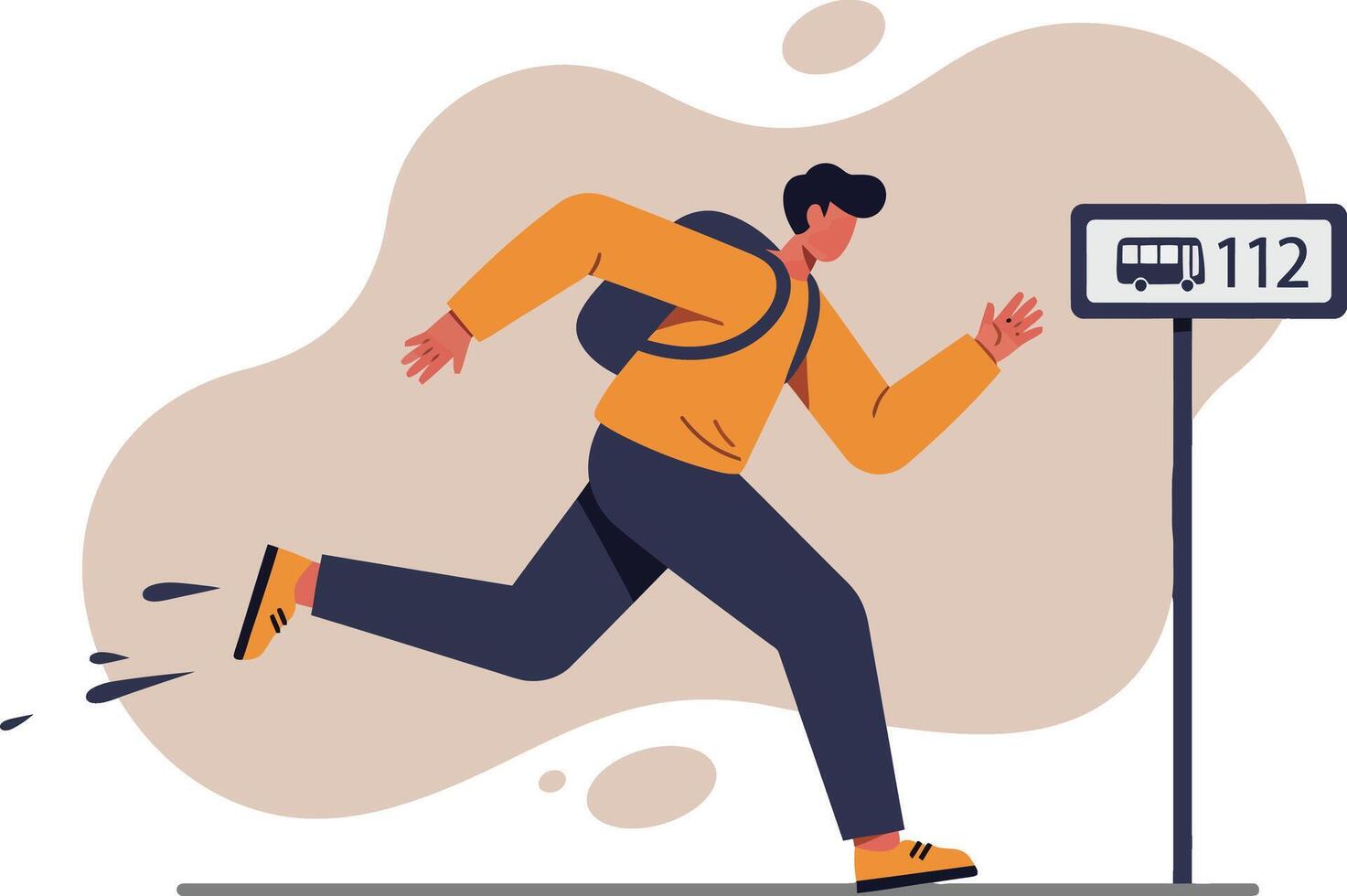 Man running fast towards bus stop 112 with backpack and orange jacket urban lifestyle activity illustration vector