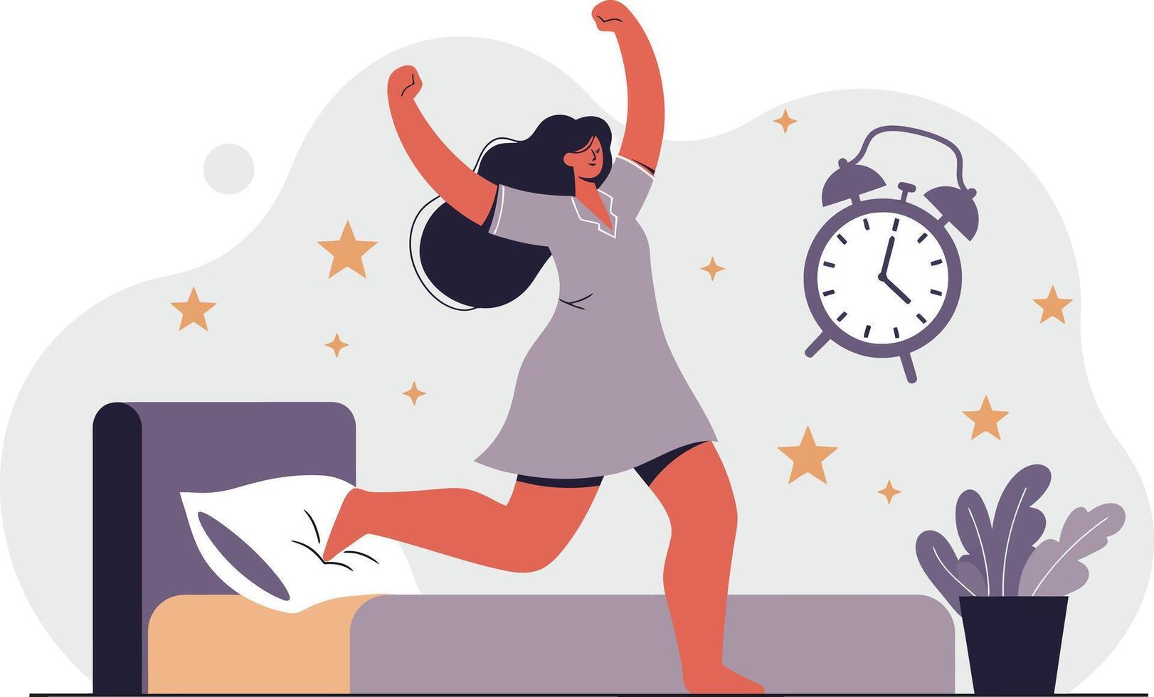 Woman waking up happily stretching arms beside bed with alarm clock and indoor plant illustration vector