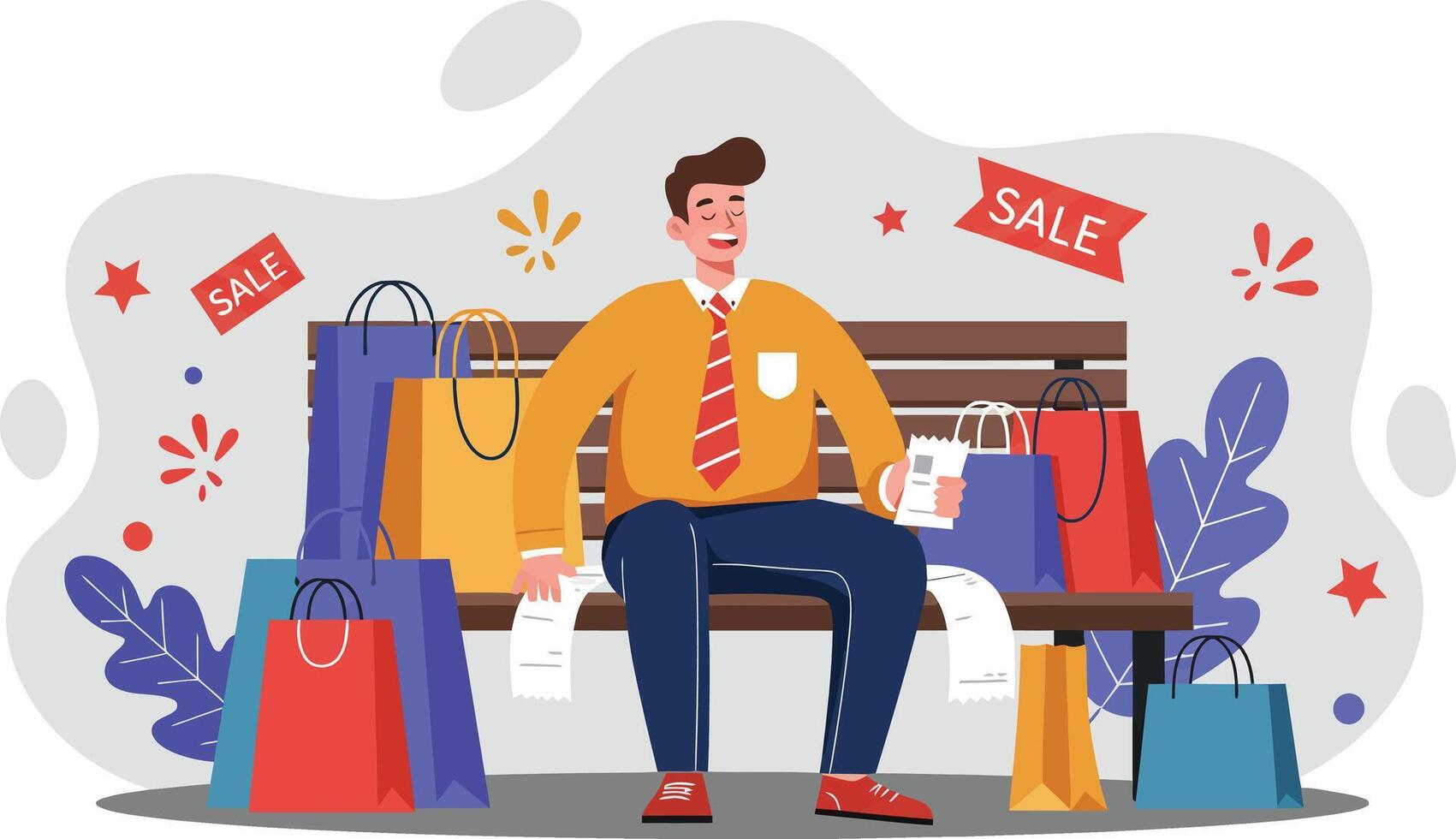 Man Sitting on Bench Surrounded by Shopping Bags During Sale and Discount Season Shopping Illustration vector