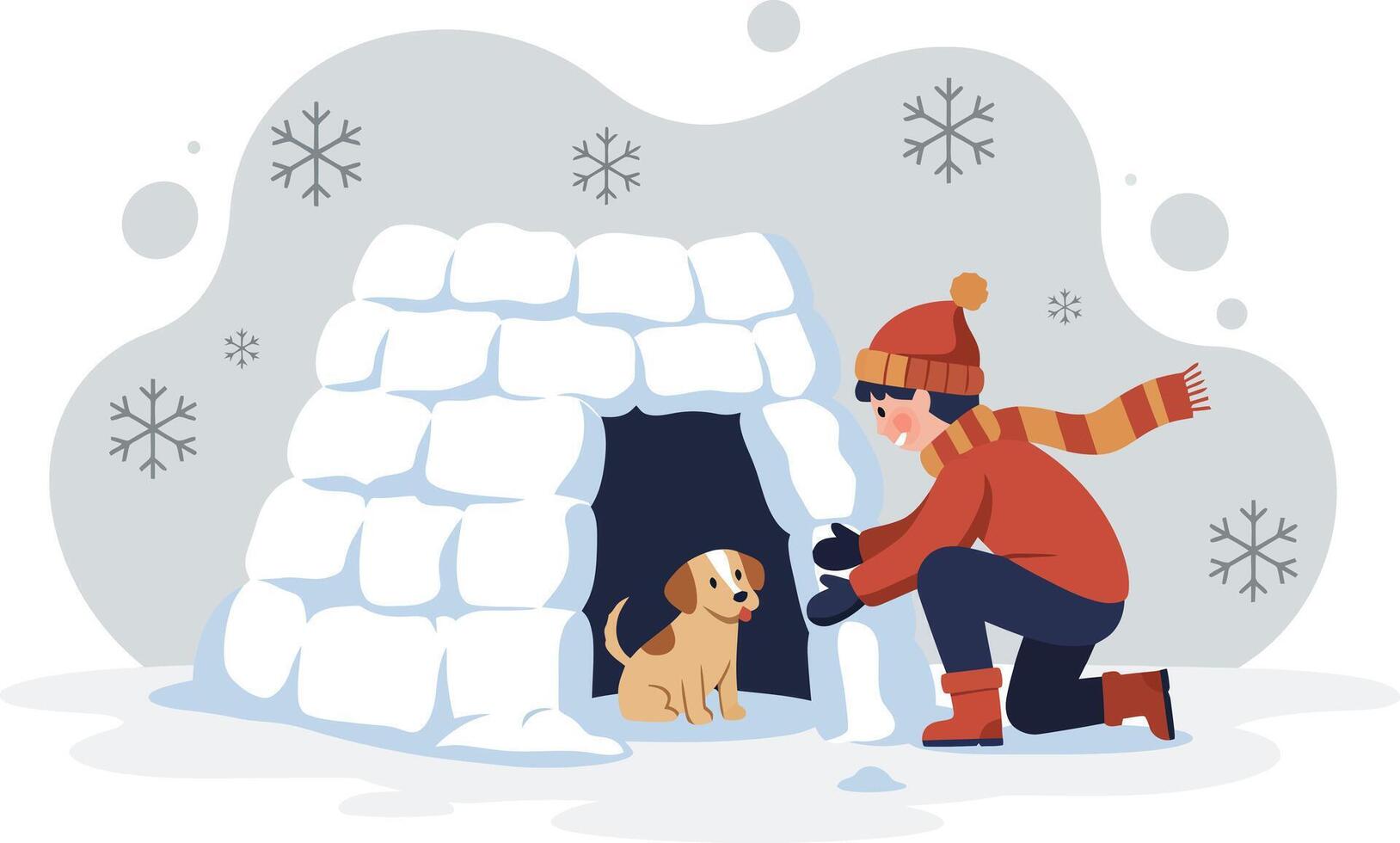 Child playing with dog near white igloo in snowy winter background cheerful scene vector