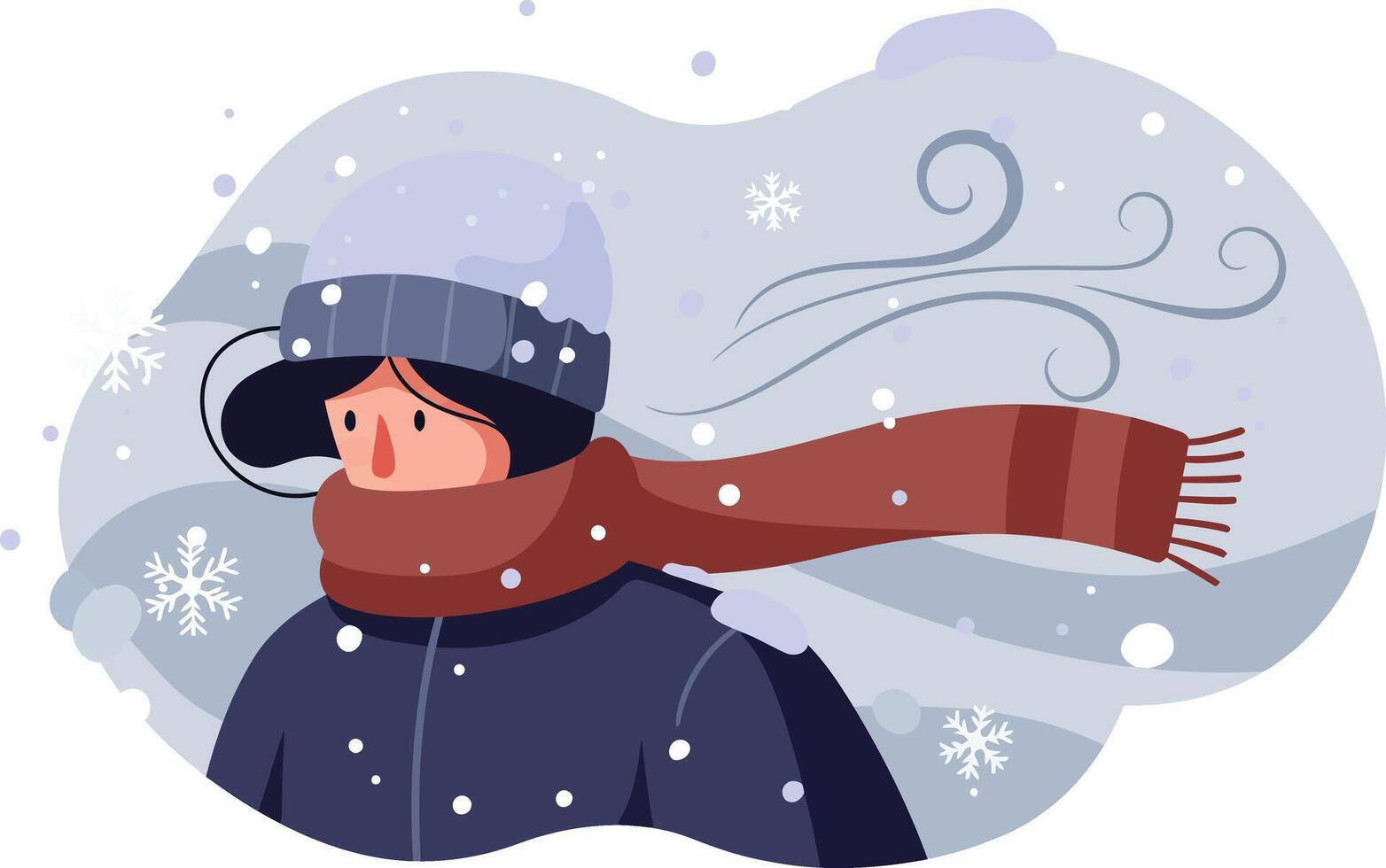 Person wearing winter clothes with scarf and hat in cold snowy windy weather illustration vector