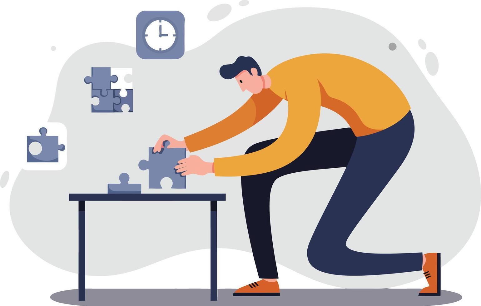 Man assembling puzzle pieces on table with clock in background illustration for focus and problem solving concept vector