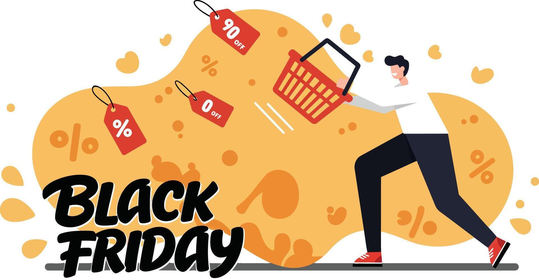 Black Friday shopping sale discount concept with man pushing shopping cart illustration vector